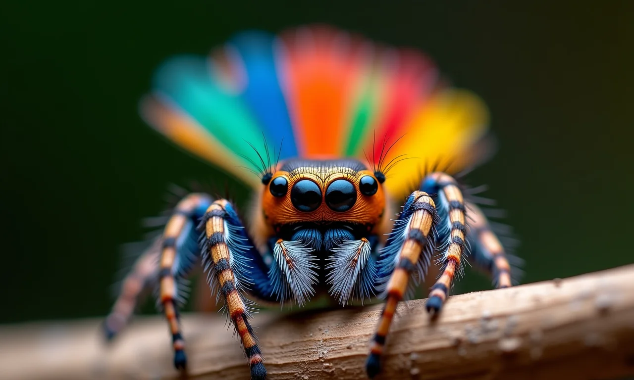 Aranha-pavão macho exibindo cores vibrantes.