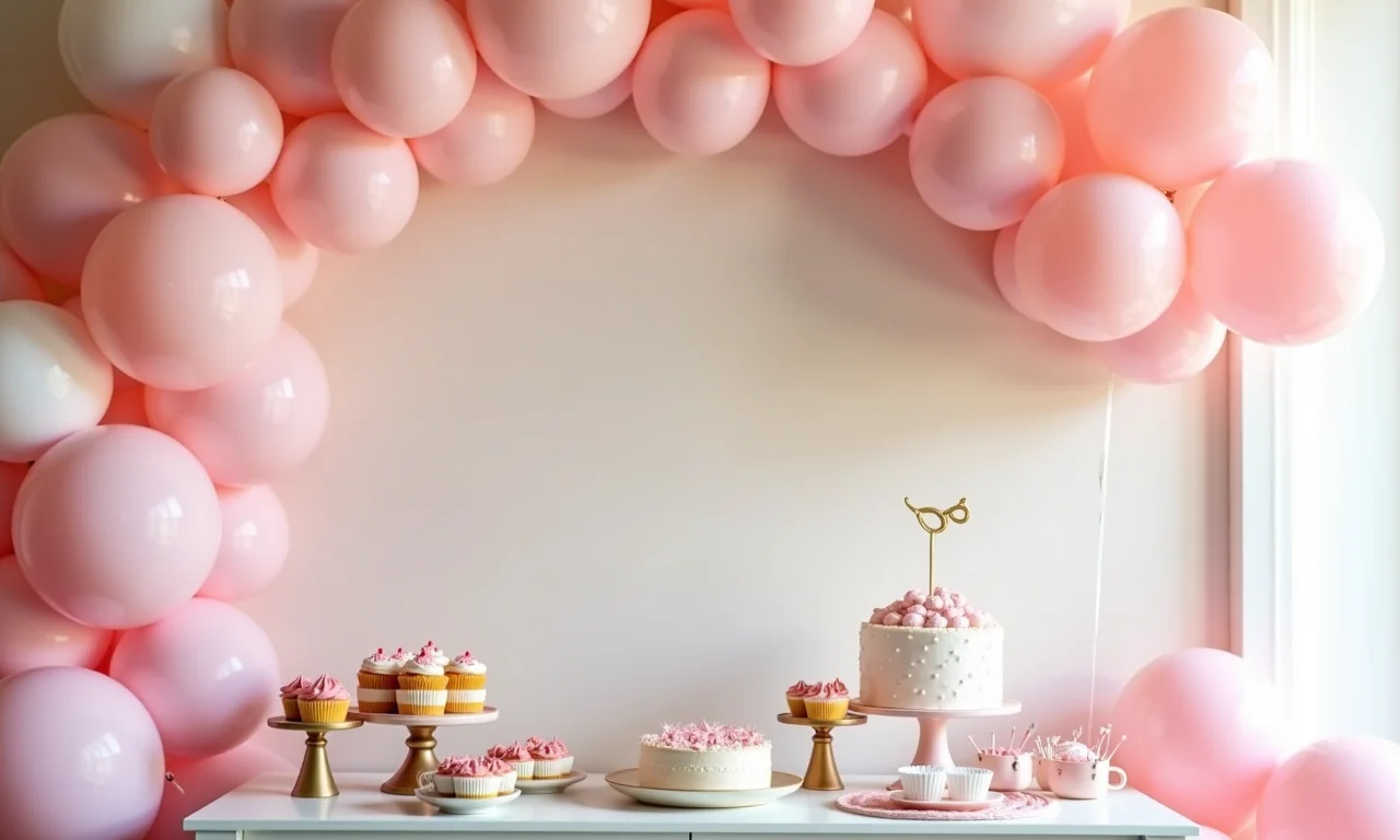 Arco de balões em tons pastel e mesa de doces decorada para festa Chuva de Amor.