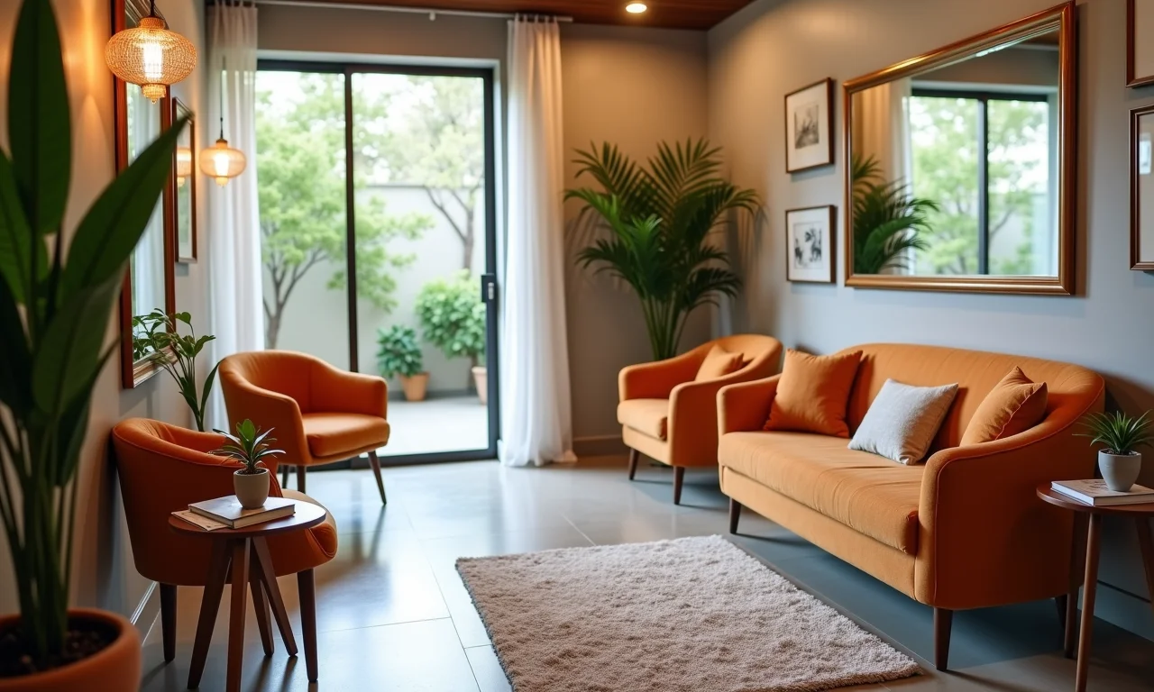 Área de espera confortável em um salão de beleza moderno e convidativo.