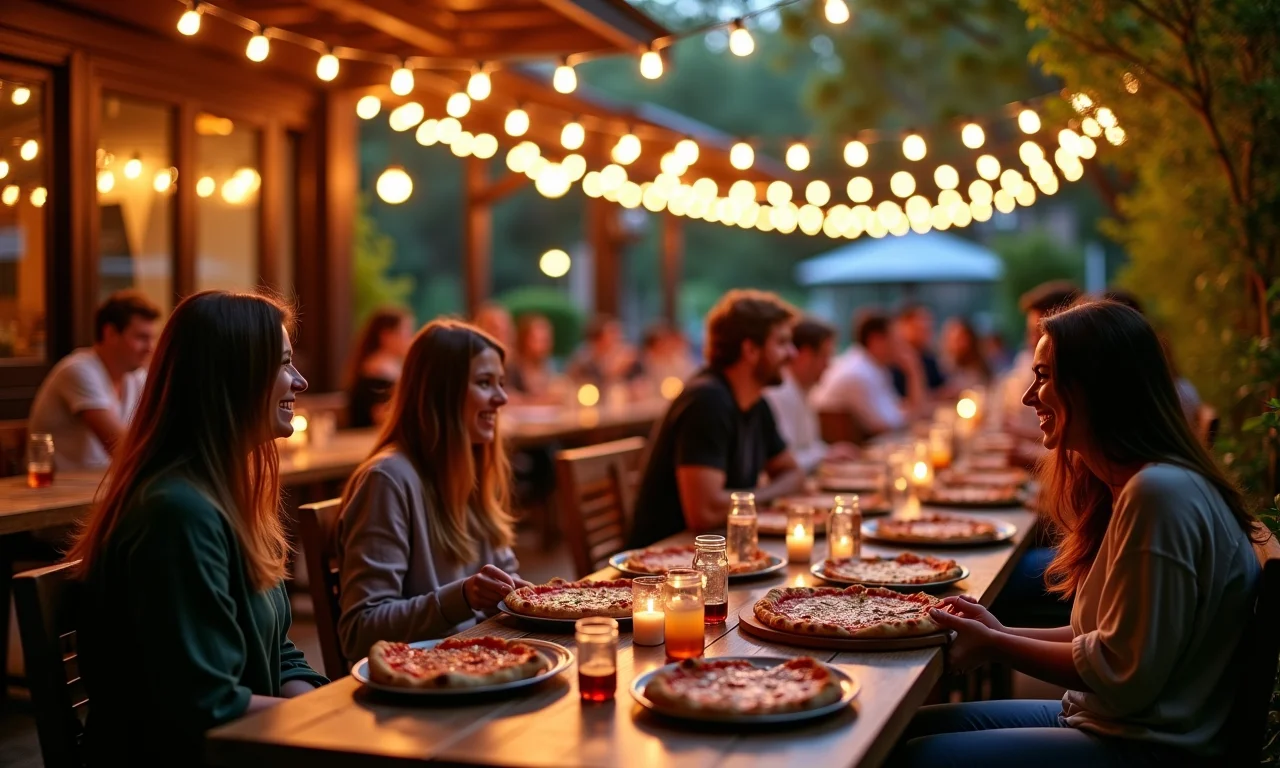 Área externa aconchegante do Quintal DeBetti com pessoas saboreando pizzas.