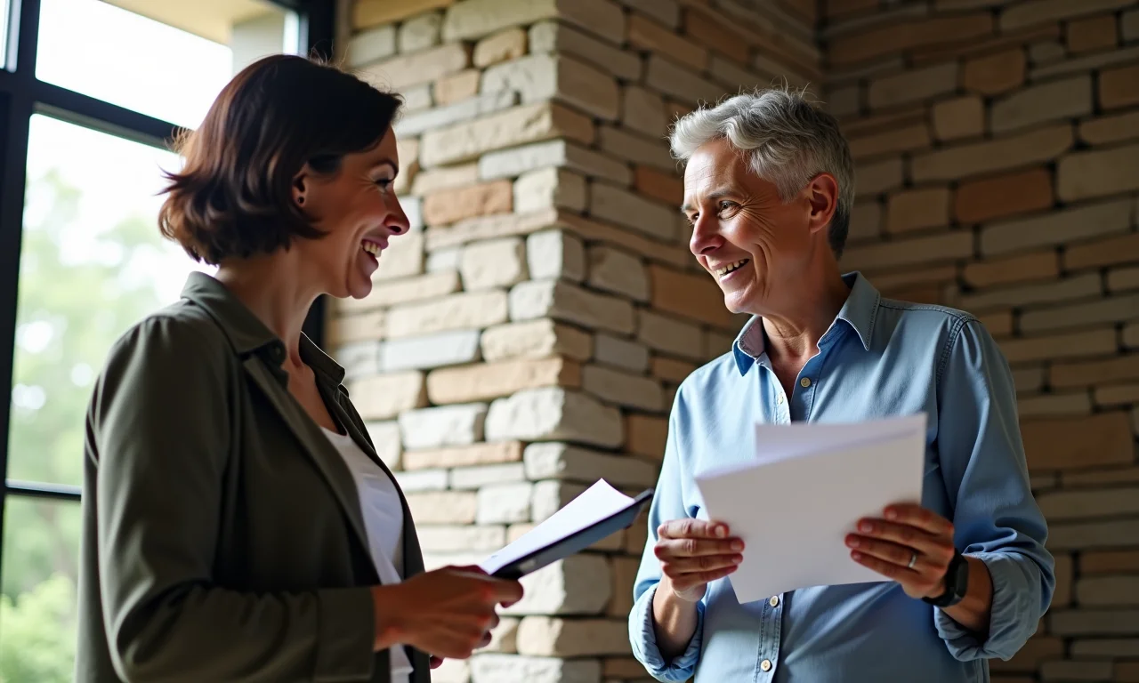 Arquiteta explicando os benefícios da parede de pedra para uma cliente.