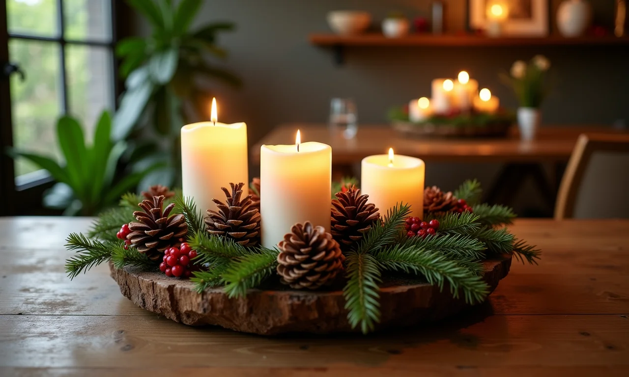 Arranjo de mesa de Natal com pinhas e velas.