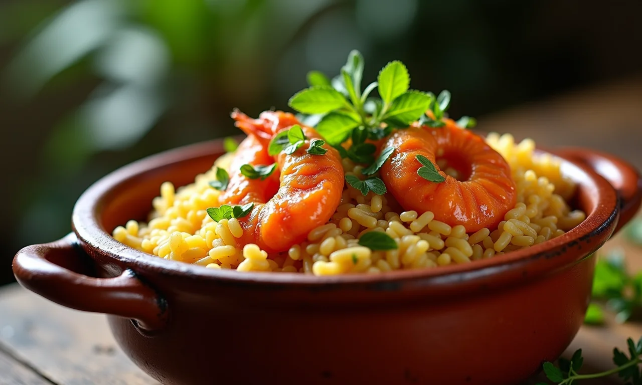 Arroz de Berbigão servido em uma panela de barro, decorado com ervas frescas.
