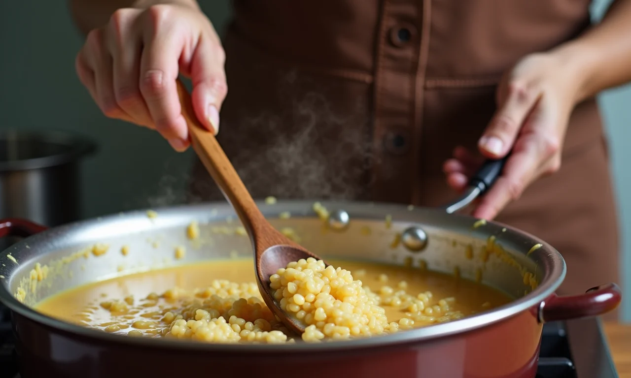 Arroz doce cremoso sendo mexido em uma panela.