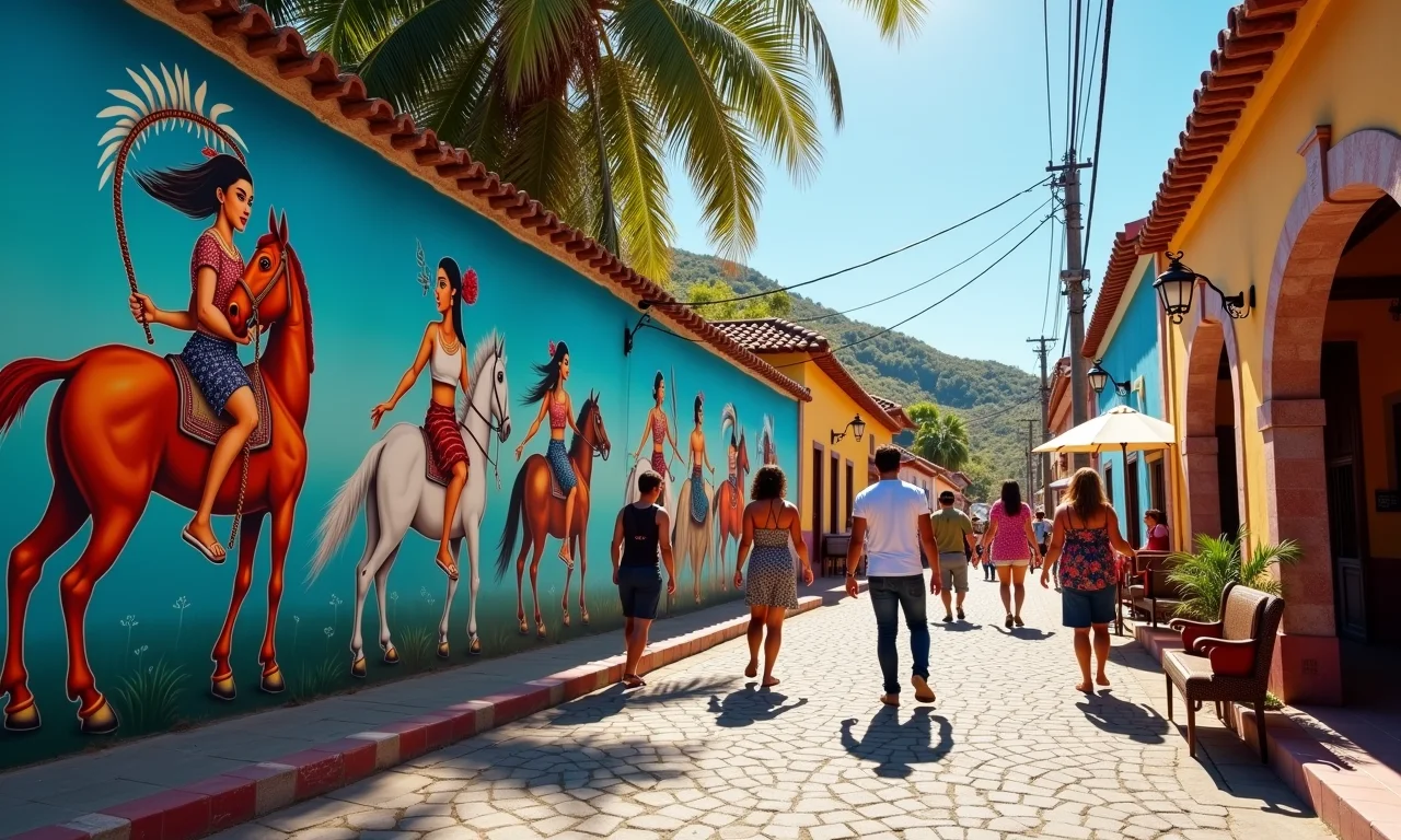 Arte de rua em Palmas retratando a cultura local e a herança indígena, com pessoas apreciando.