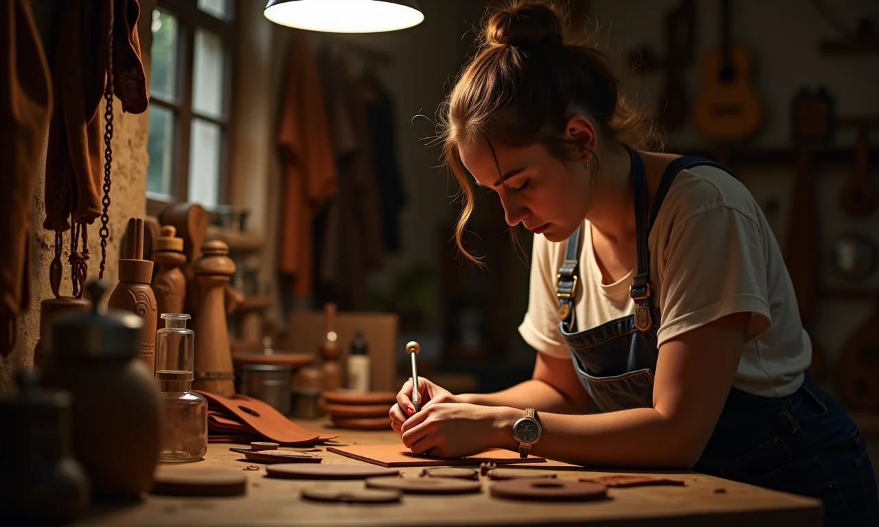 Artesã trabalhando em sua oficina, produzindo artigos de couro.