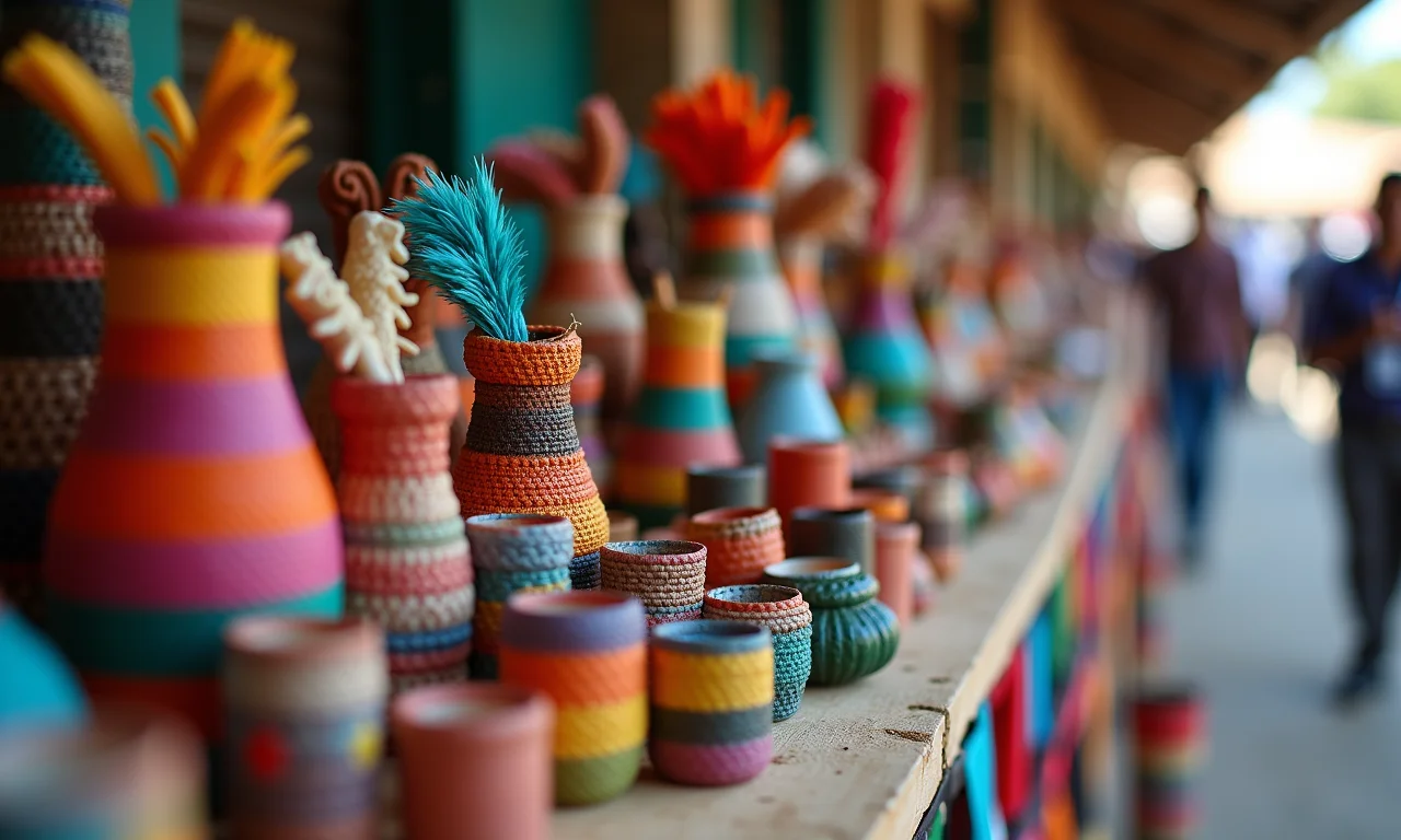 Artesãos expondo artesanato colorido na Feirinha da Pajuçara.