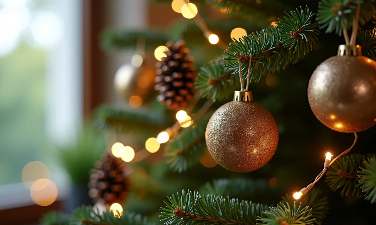 Árvore de Natal decorada com pinhas naturais e luzes.