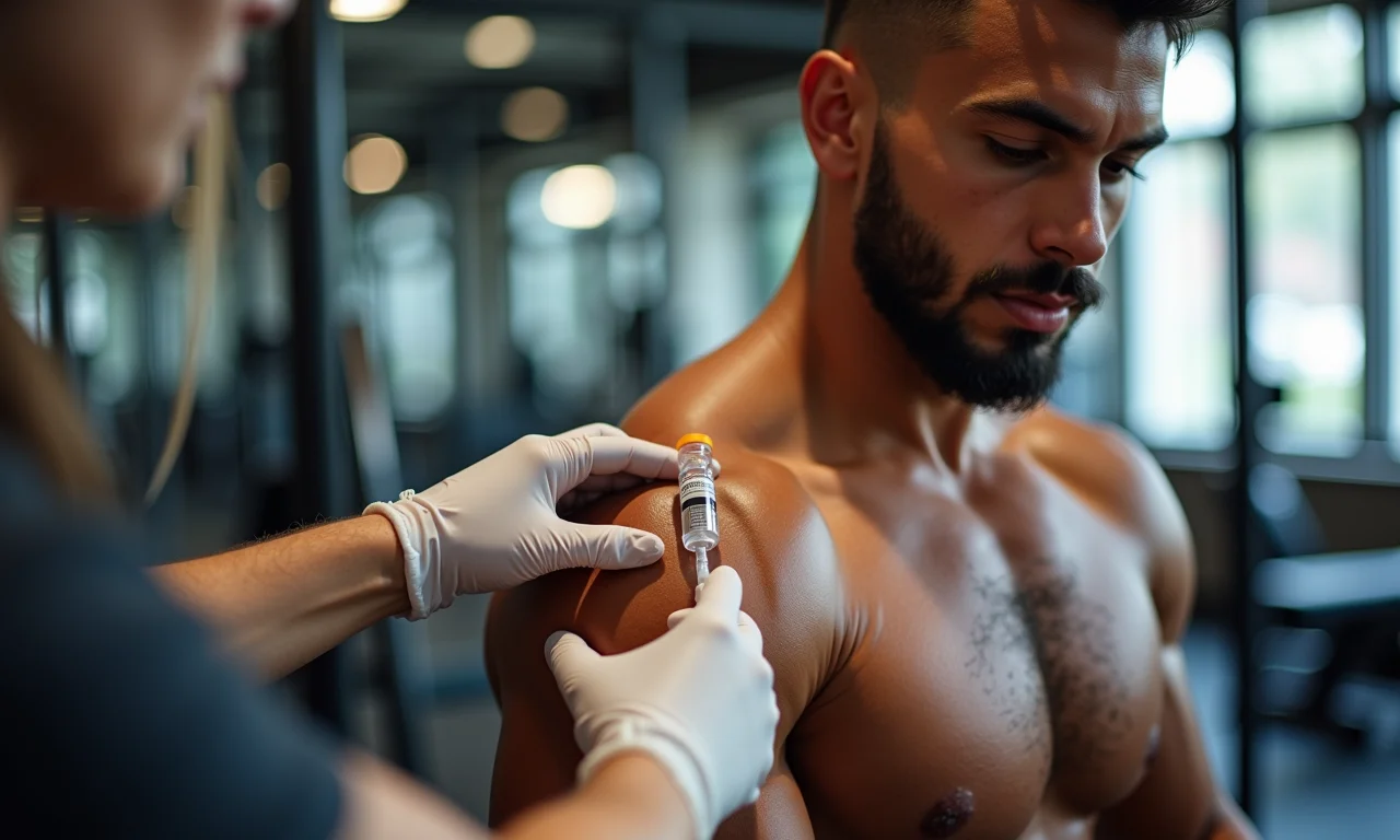 Atleta recebendo injeção de Enantato em ambiente de academia.