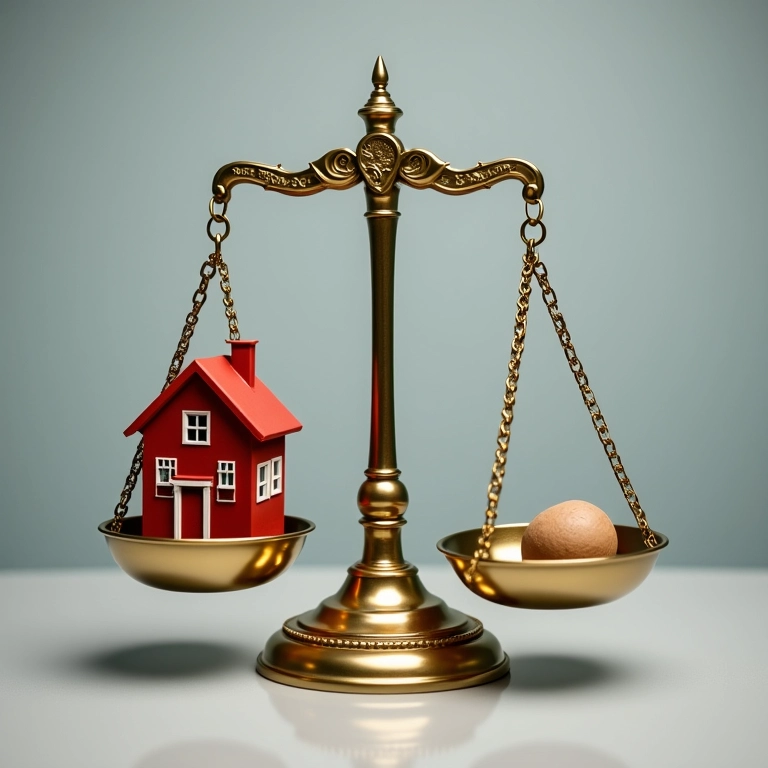 Balança da justiça com uma casa de um lado e dívida do outro, representando as vantagens e desvantagens da amortização.