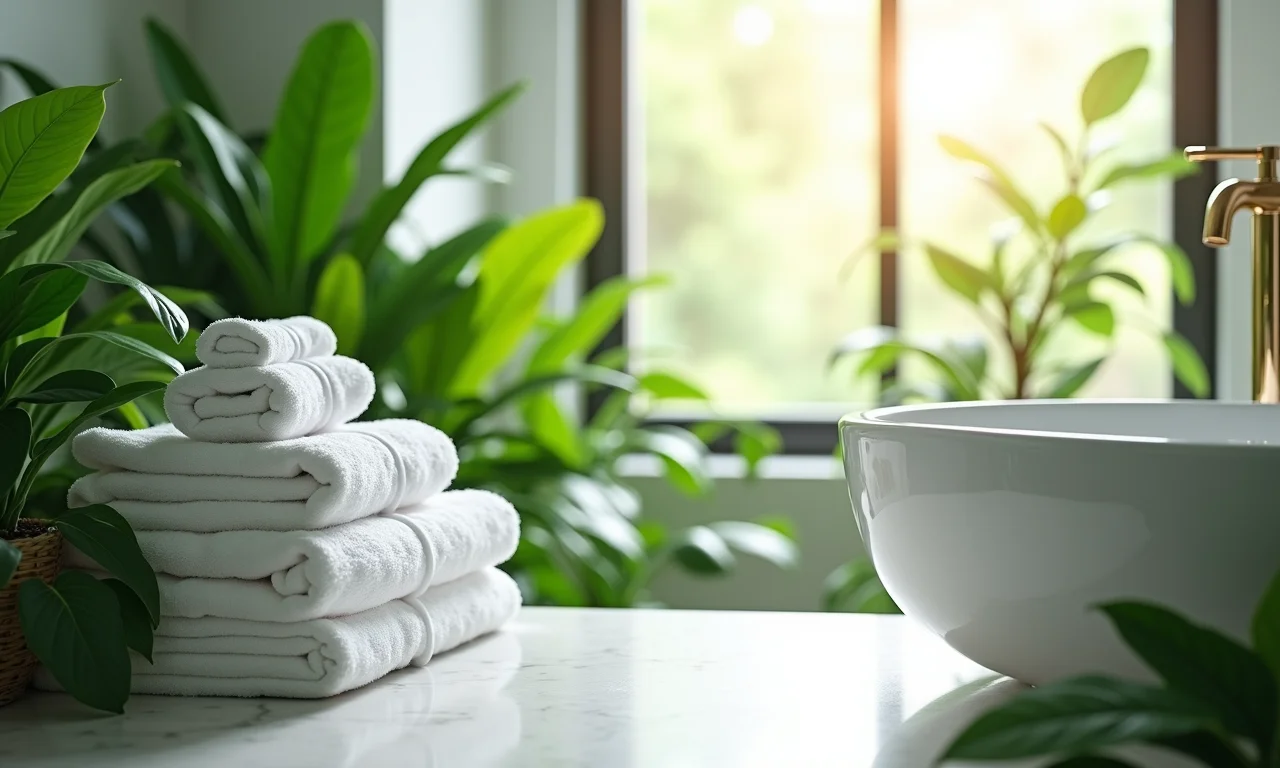 Banheiro com plantas, toalhas macias e luz natural.
