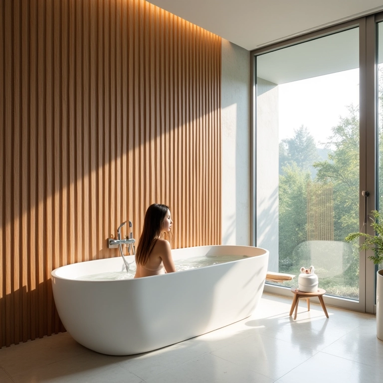 Banheiro moderno com parede ripada e banheira relaxante.
