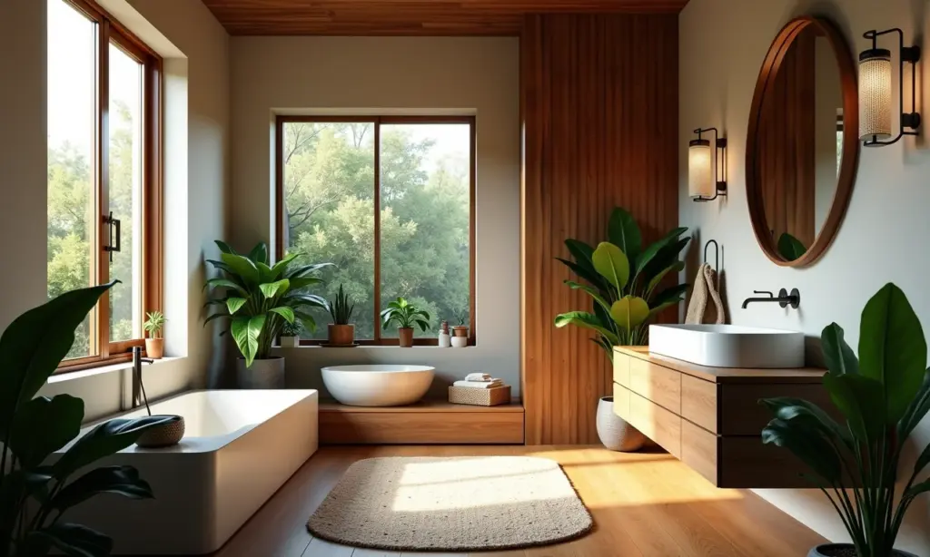 Banheiro pequeno e bem decorado com estilo brasileiro e iluminação natural.