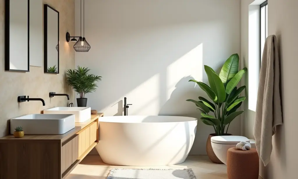 Banheiro pequeno e bem decorado com estilo brasileiro e iluminação natural.