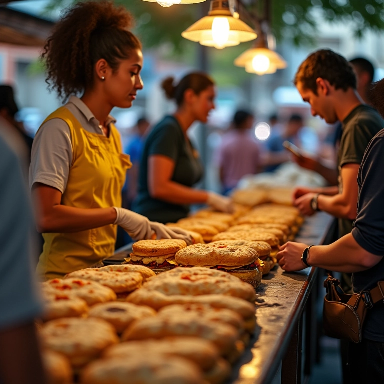 Barraca movimentada no Mercadão com pessoas saboreando pão com mortadela.