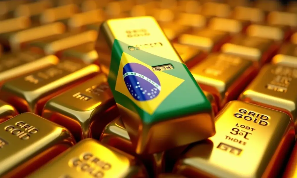 Investir em Ouro é um Bom Negócio? Guia para Iniciantes Barras de ouro com reflexo da bandeira brasileira, representando investimento em ouro.