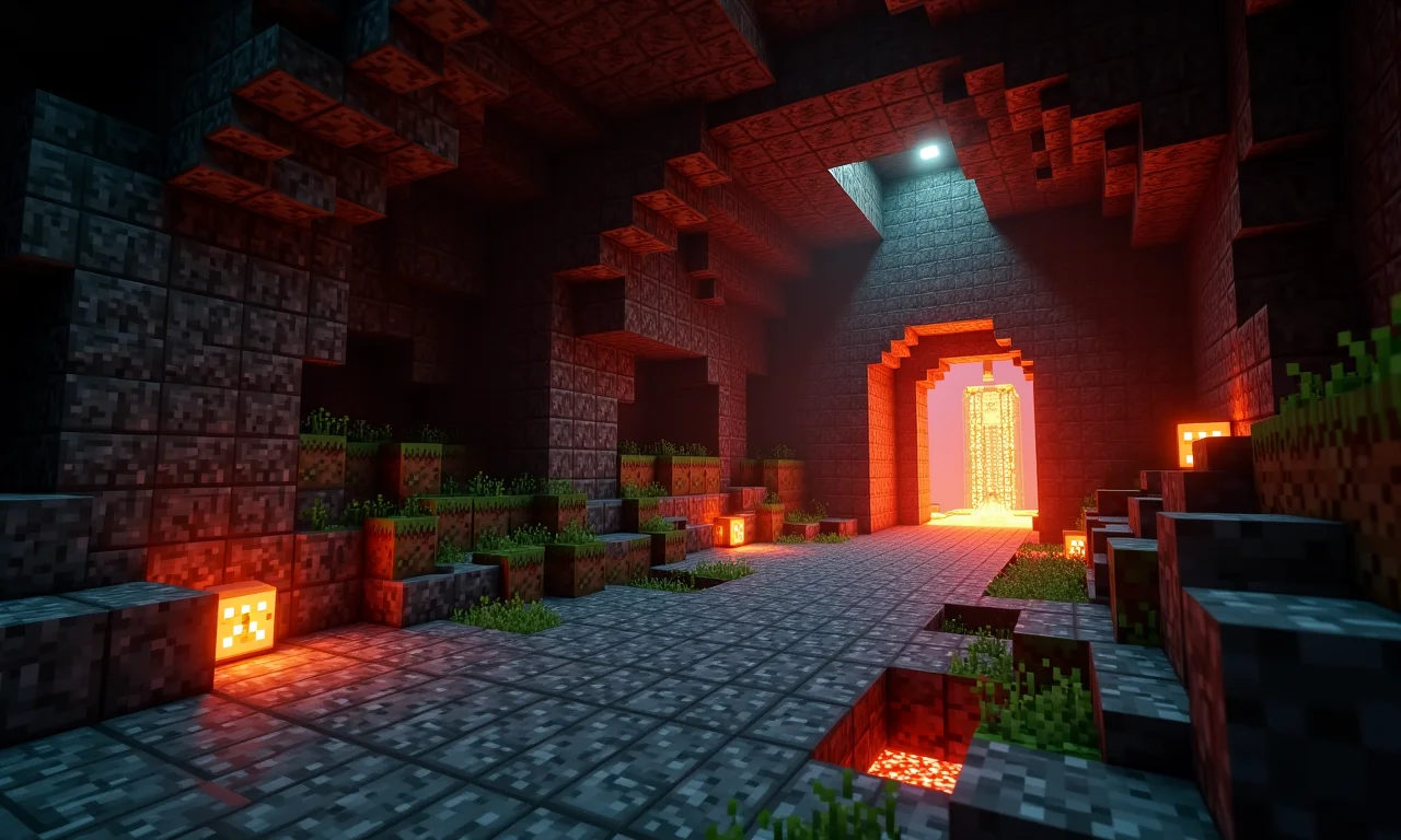 Base secreta subterrânea no Minecraft com uma fazenda de Fungo do Nether iluminada.