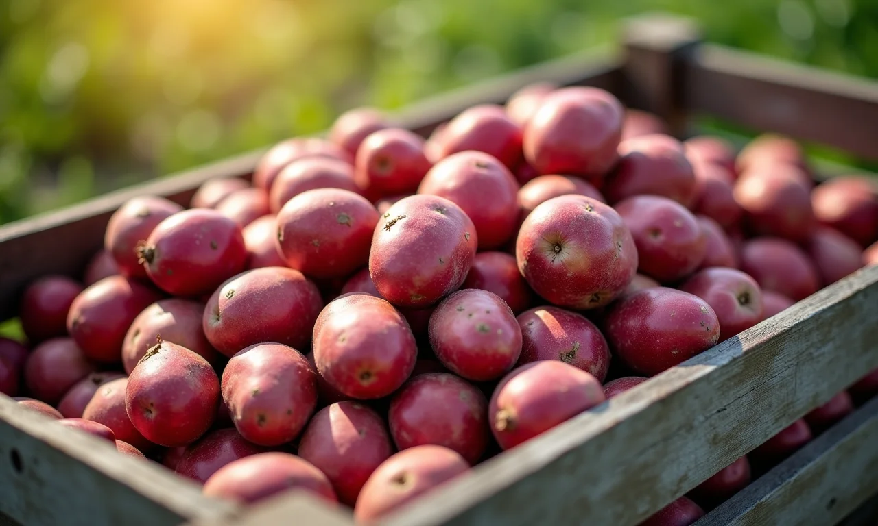 Batatas Asterix recém-colhidas em caixa de madeira.