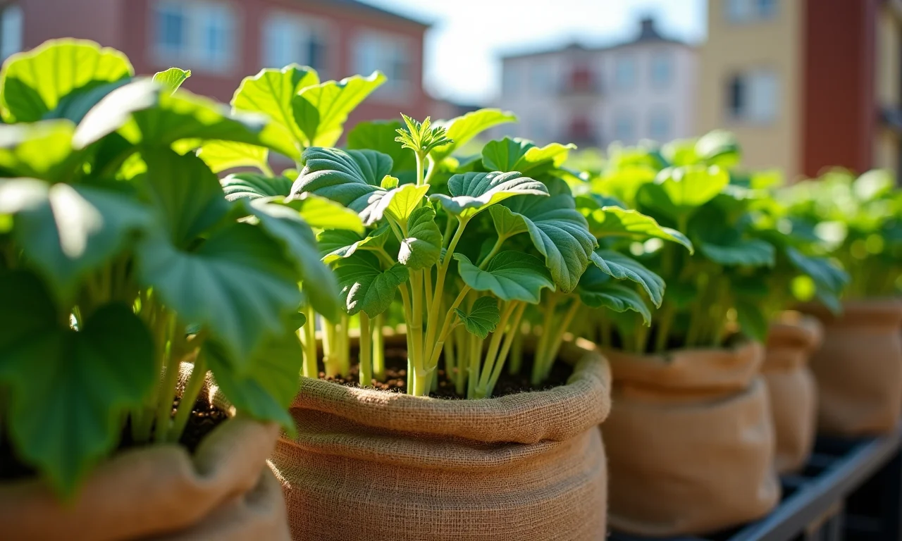 Batatas crescendo em sacos em varanda ensolarada.
