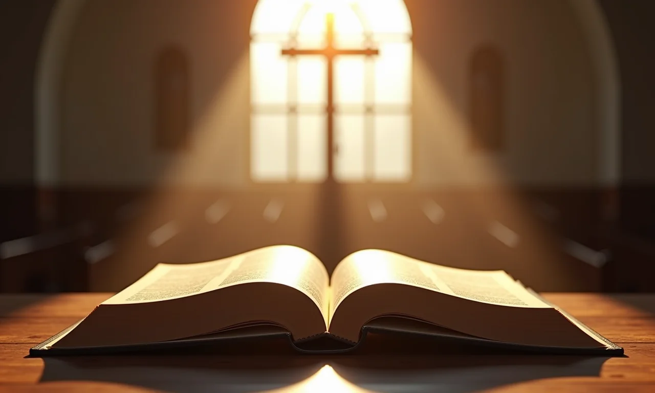 Bíblia aberta com luz solar em interior de igreja moderna.