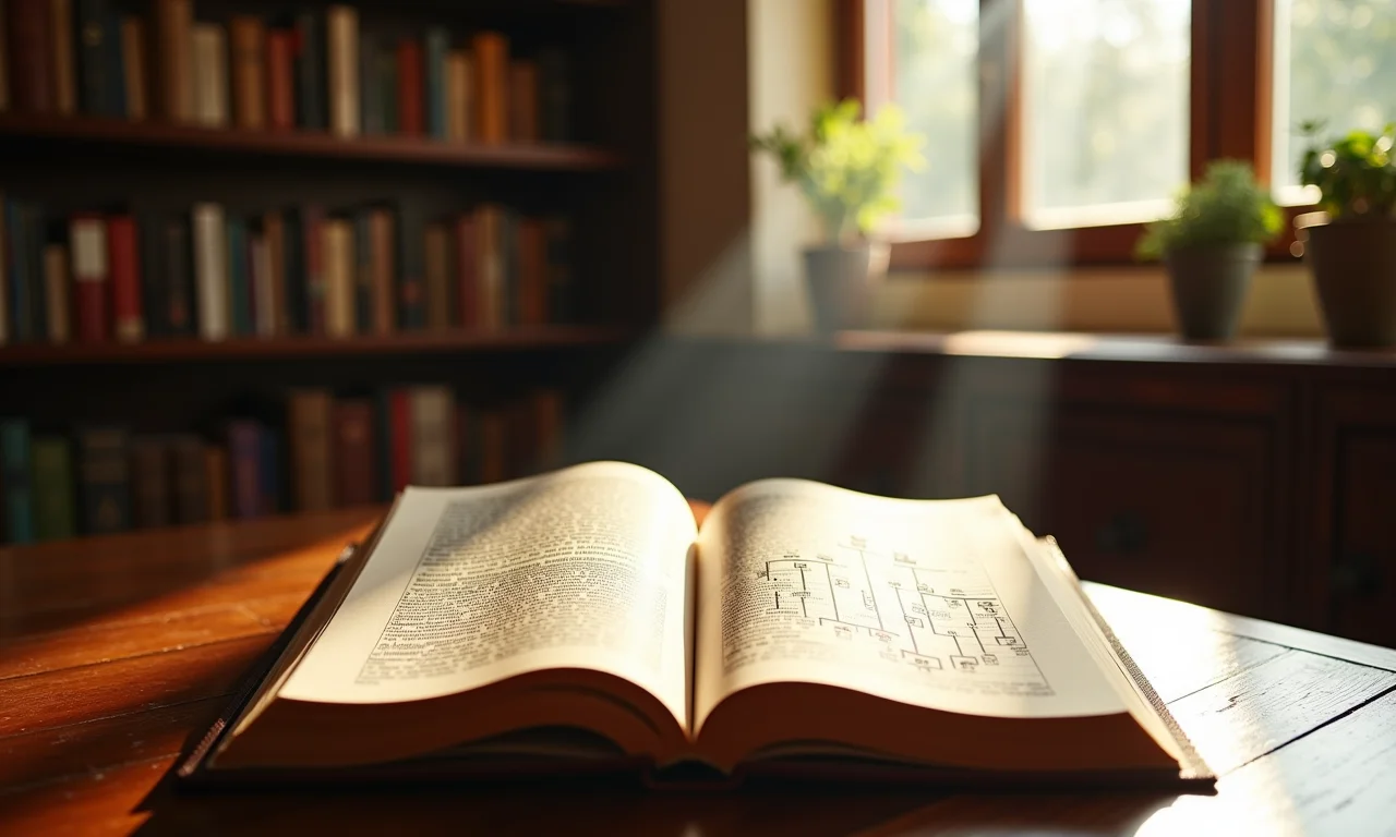 Biblioteca com luz solar, livro sobre herança e diagramas de árvore genealógica em mesa.