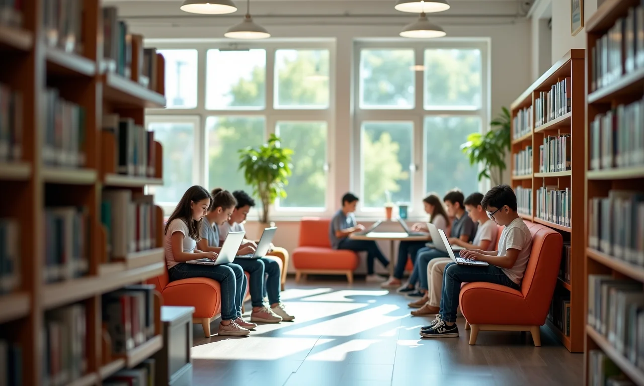 Biblioteca moderna de escola particular, com tecnologia e conforto para os alunos.