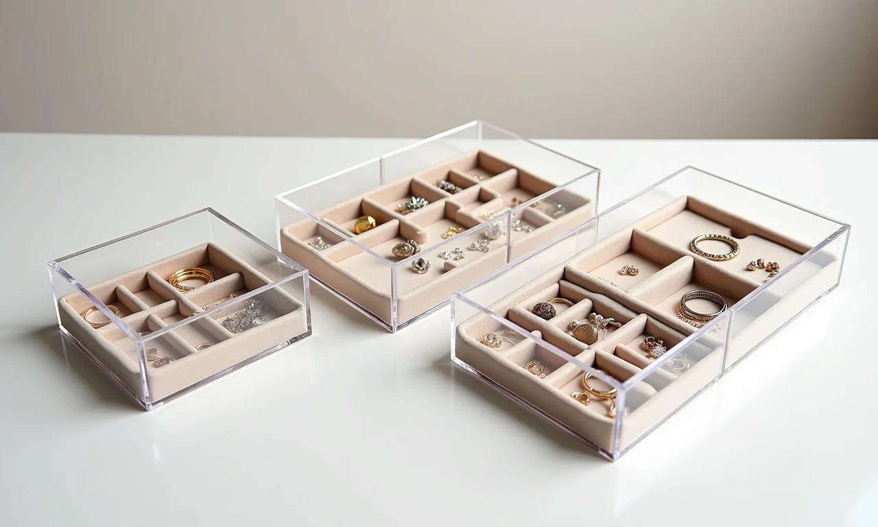 Bijuterias organizadas em caixas transparentes.
