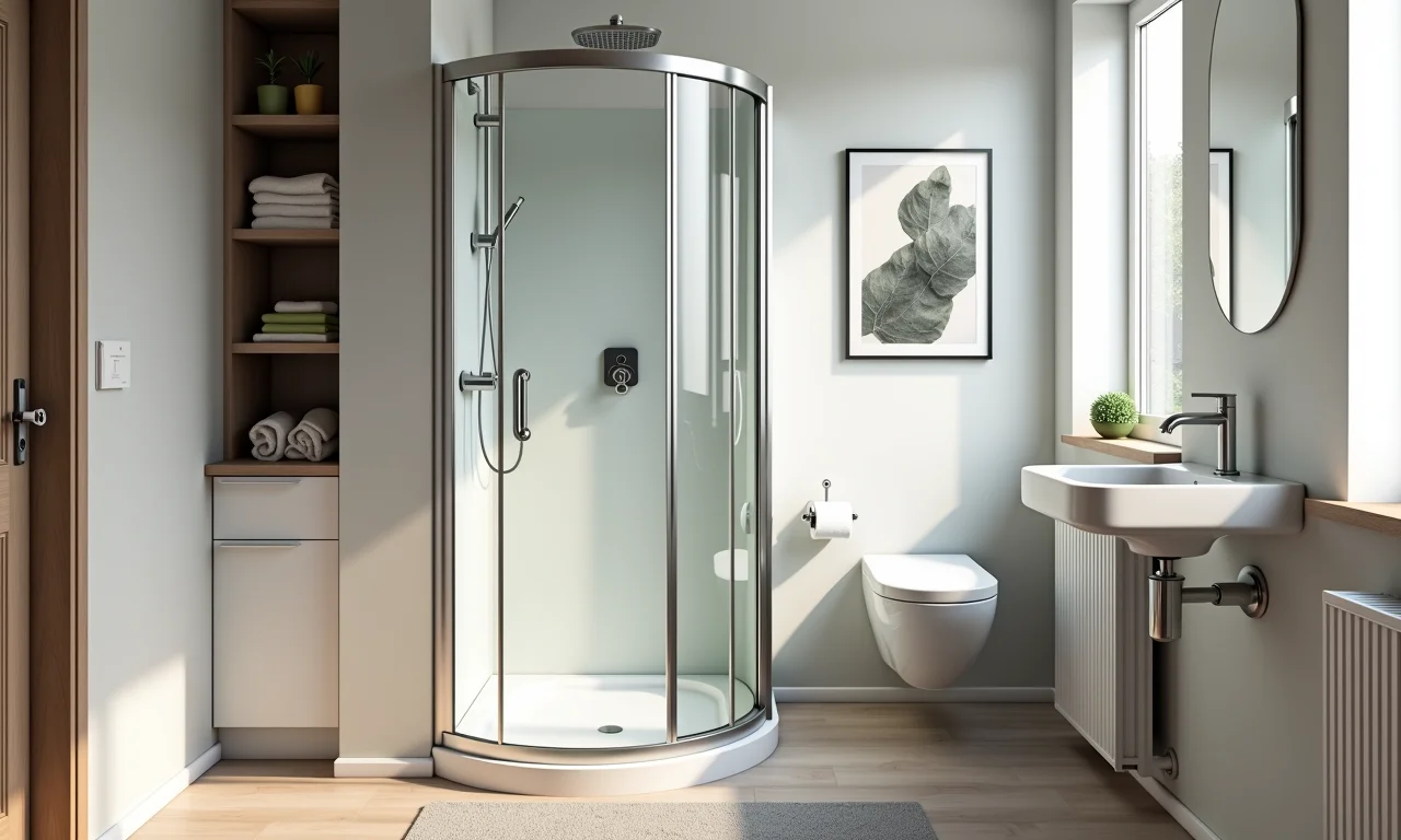 Box de canto economizando espaço em um banheiro pequeno.