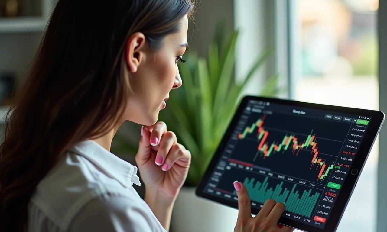 Brasileira comparando opções de investimento nacional e internacional em tablets.