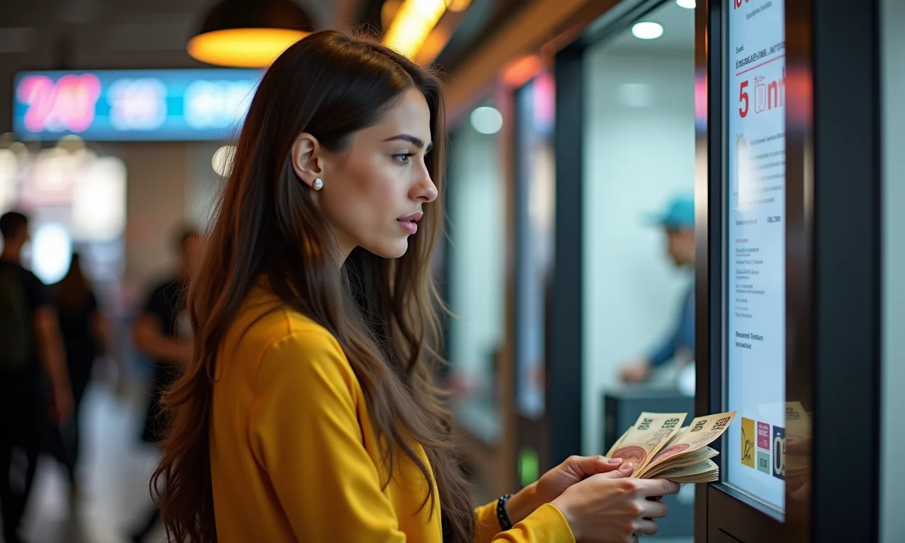 Brasileira trocando dinheiro em Istambul com expressão preocupada.