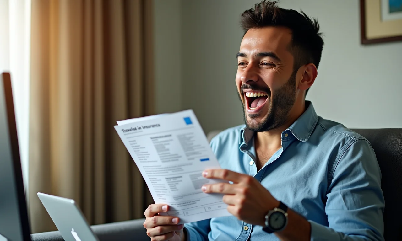 Brasileiro animado organizando documentos de seguro viagem internacional.