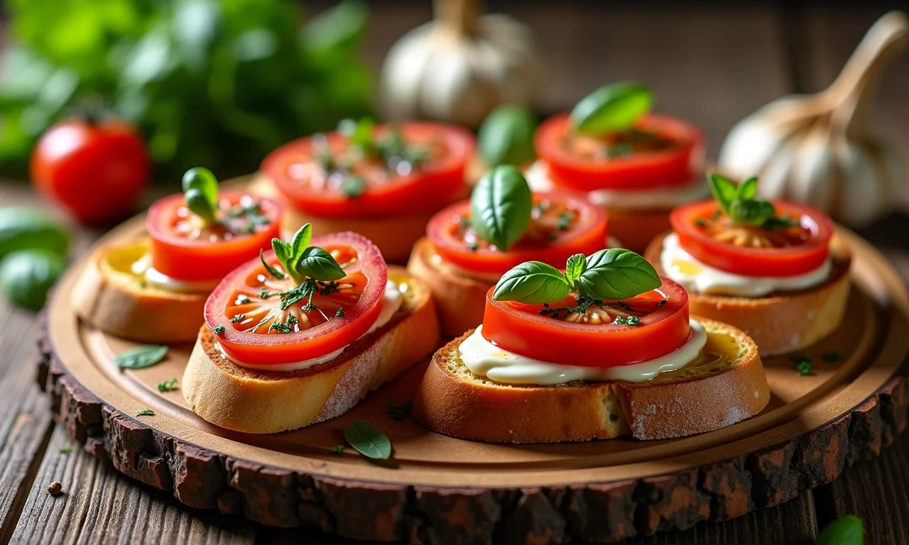 Bruschettas com tomate e alho, aperitivo italiano clássico e saboroso.