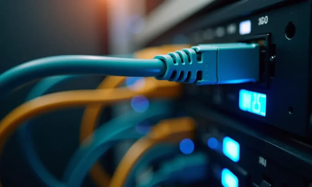 Cabos de rede convergindo para um hub central, representando o fluxo de dados em uma rede IP.