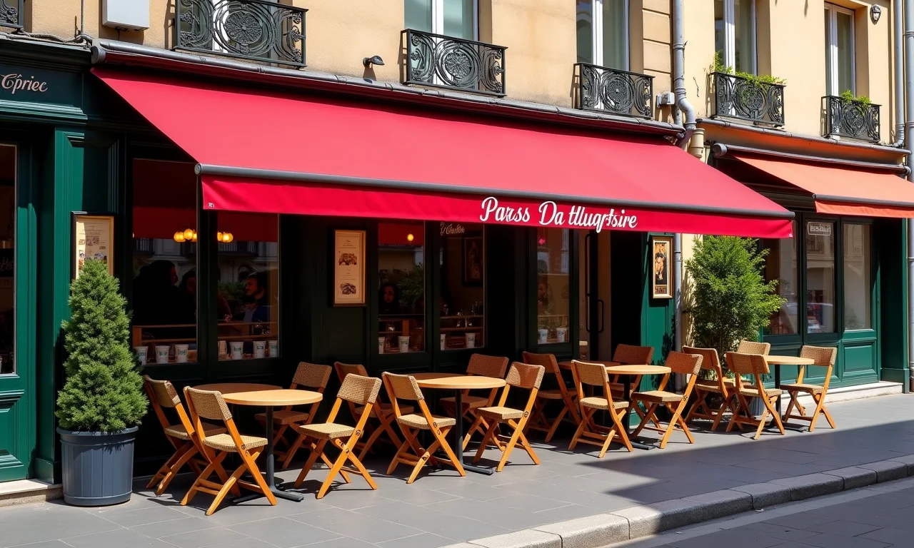 Café parisiense charmoso com mesas vazias ao ar livre.