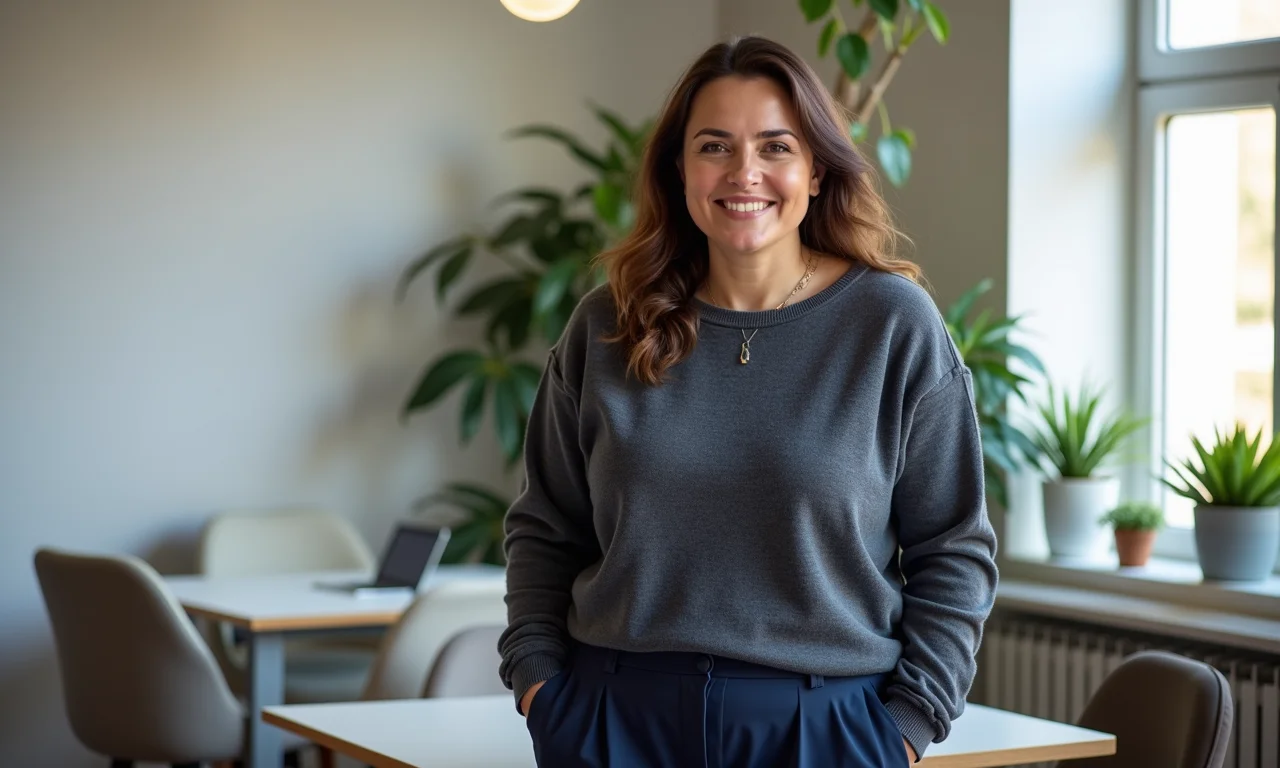 Calça de alfaiataria azul marinho com suéter de cashmere em ambiente de trabalho iluminado.