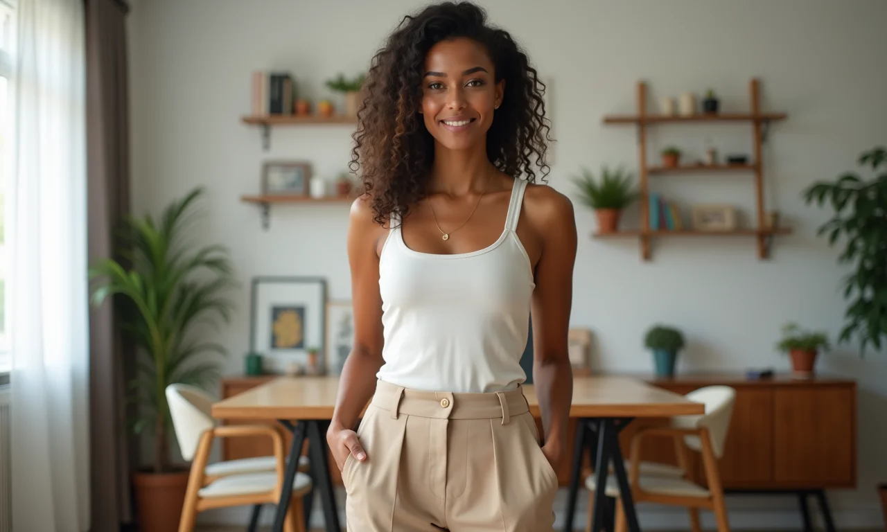 Calça de alfaiataria bege com regata de viscose em home office estiloso.