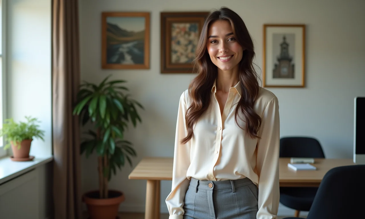 Calça de alfaiataria cinza com blusa de seda em escritório aconchegante.