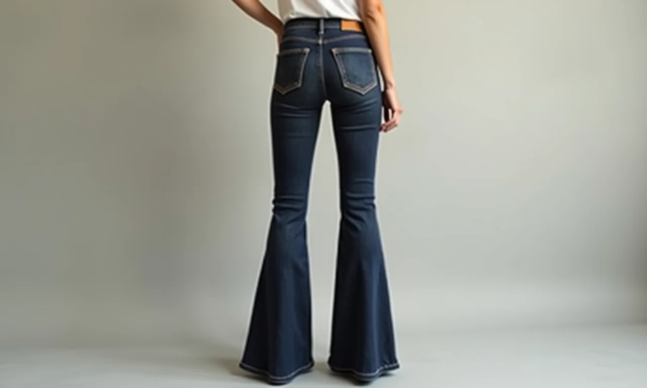 Calça flare escura alongando a silhueta feminina.