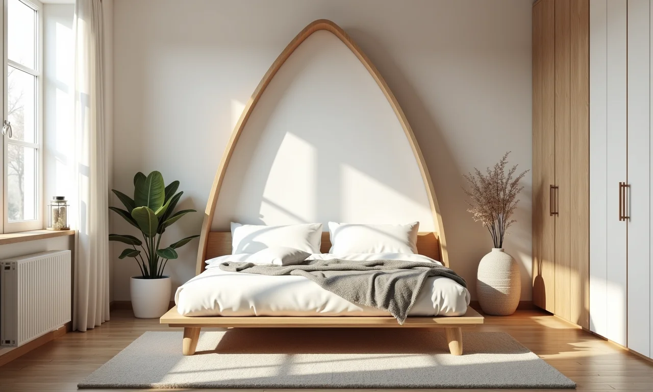 Cama de casinha com estrutura simples de madeira clara em quarto minimalista.