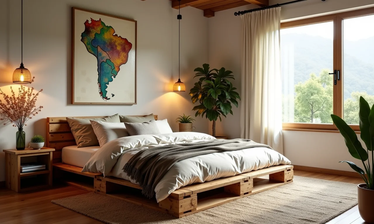 Cama de pallet em um quarto com decoração aconchegante.