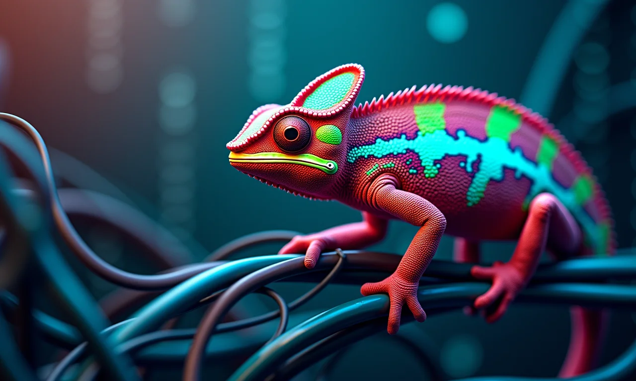 Camaleão se camuflando em cabos de rede, simbolizando um servidor proxy ocultando o endereço IP.