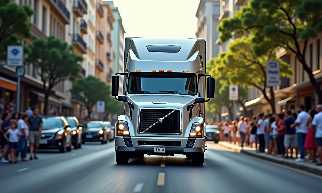 Caminhão truck com dificuldade de manobrar em rua estreita da cidade.