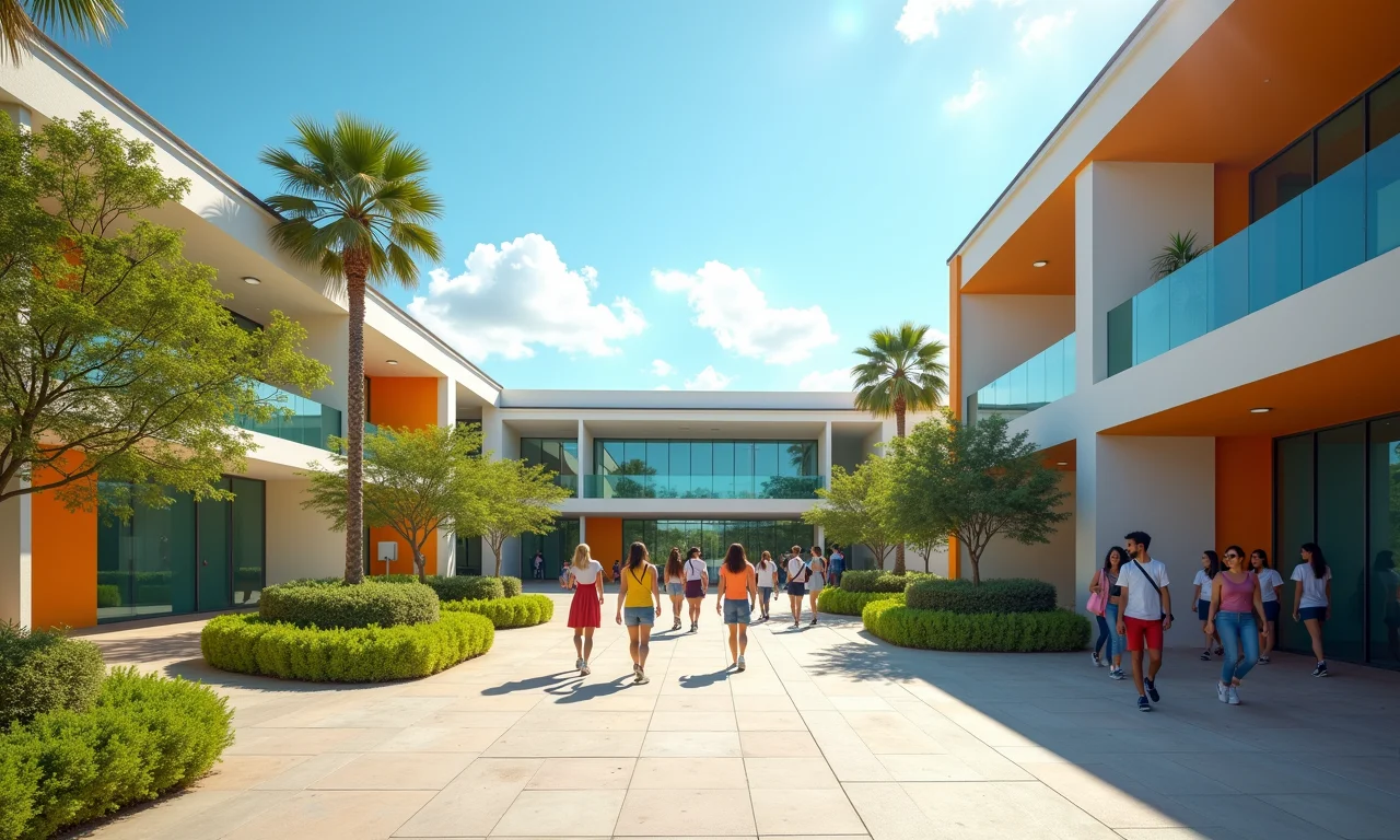 Campus universitário vibrante no Brasil, mostrando a arquitetura moderna e estudantes caminhando, representando a resiliência do setor de educação.