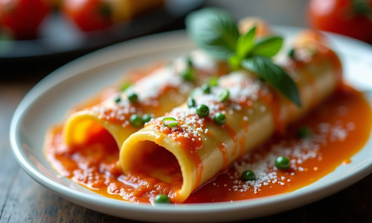 Canelone assado com molho cremoso em restaurante italiano aconchegante.