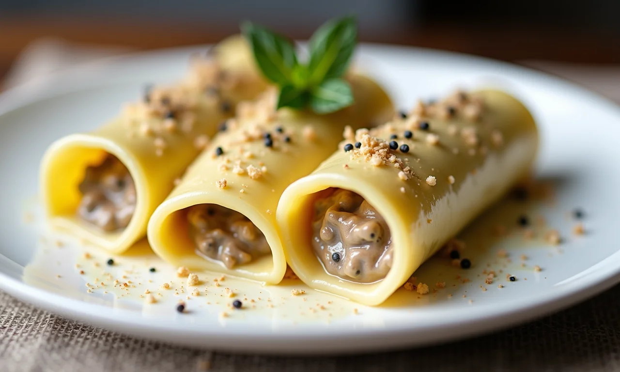 Canelone elegante com recheio de creme de trufas em prato branco.