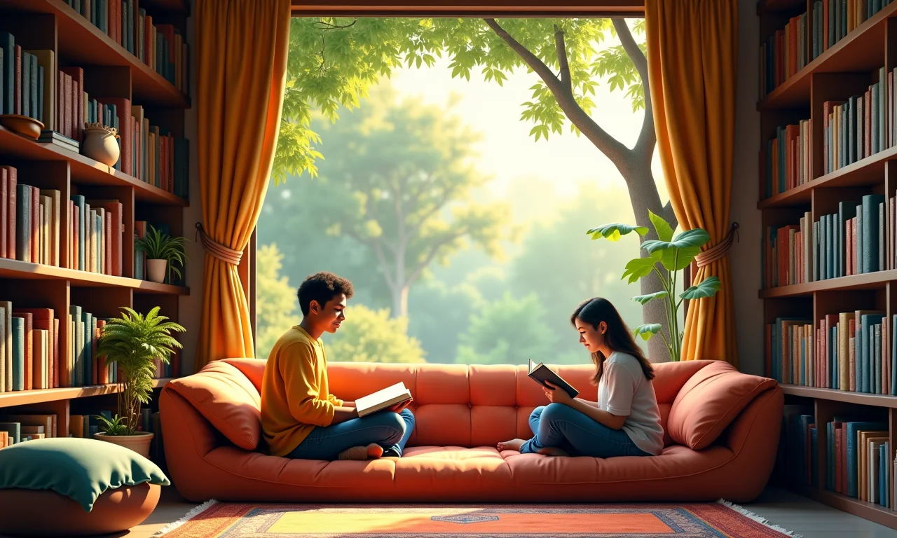 Canto de leitura aconchegante com livros sobre adoção e laços familiares.