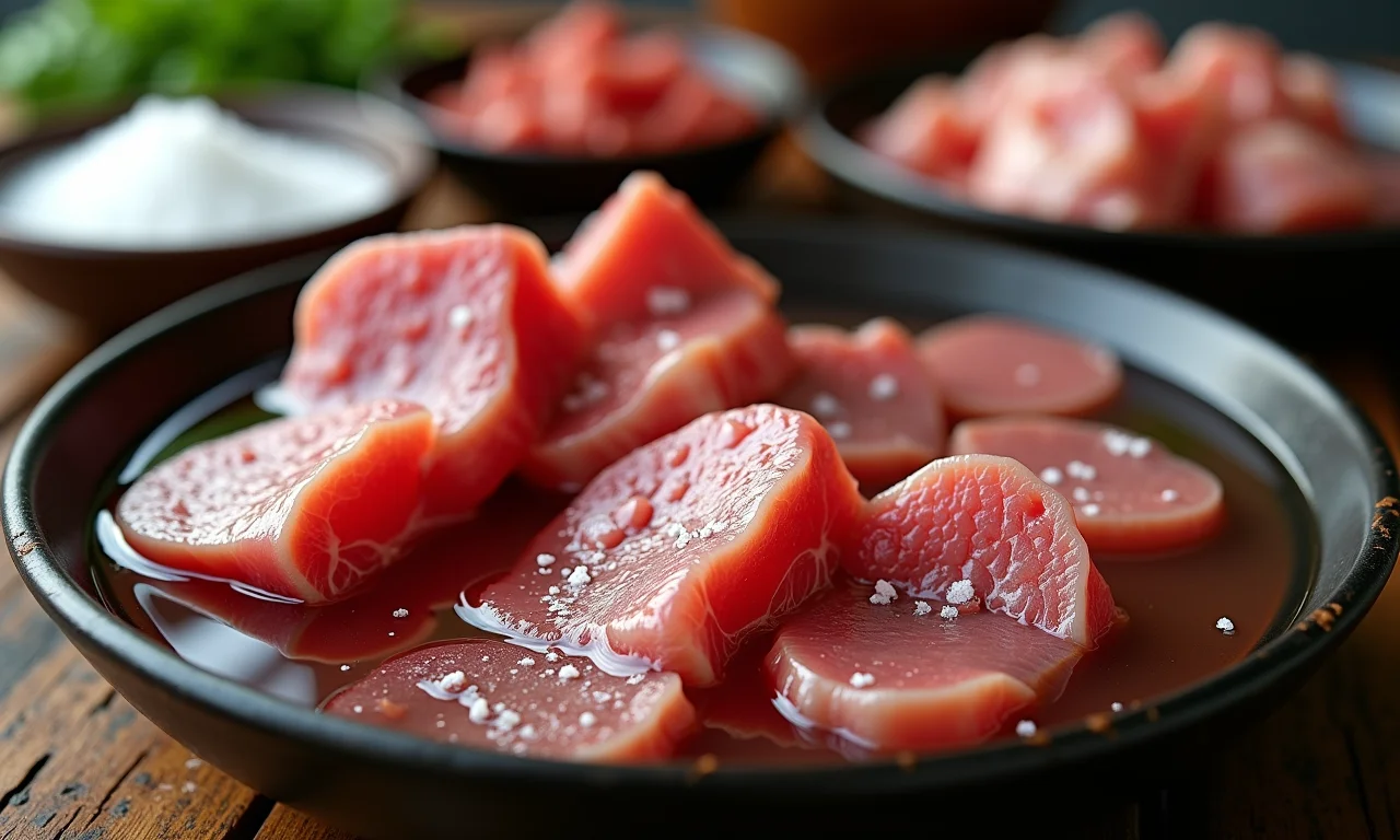 Carnes salgadas de molho para dessalgar.