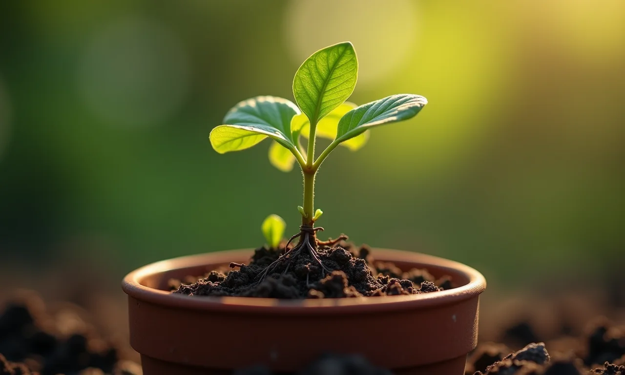 Caroço de caqui germinando em um pequeno vaso.
