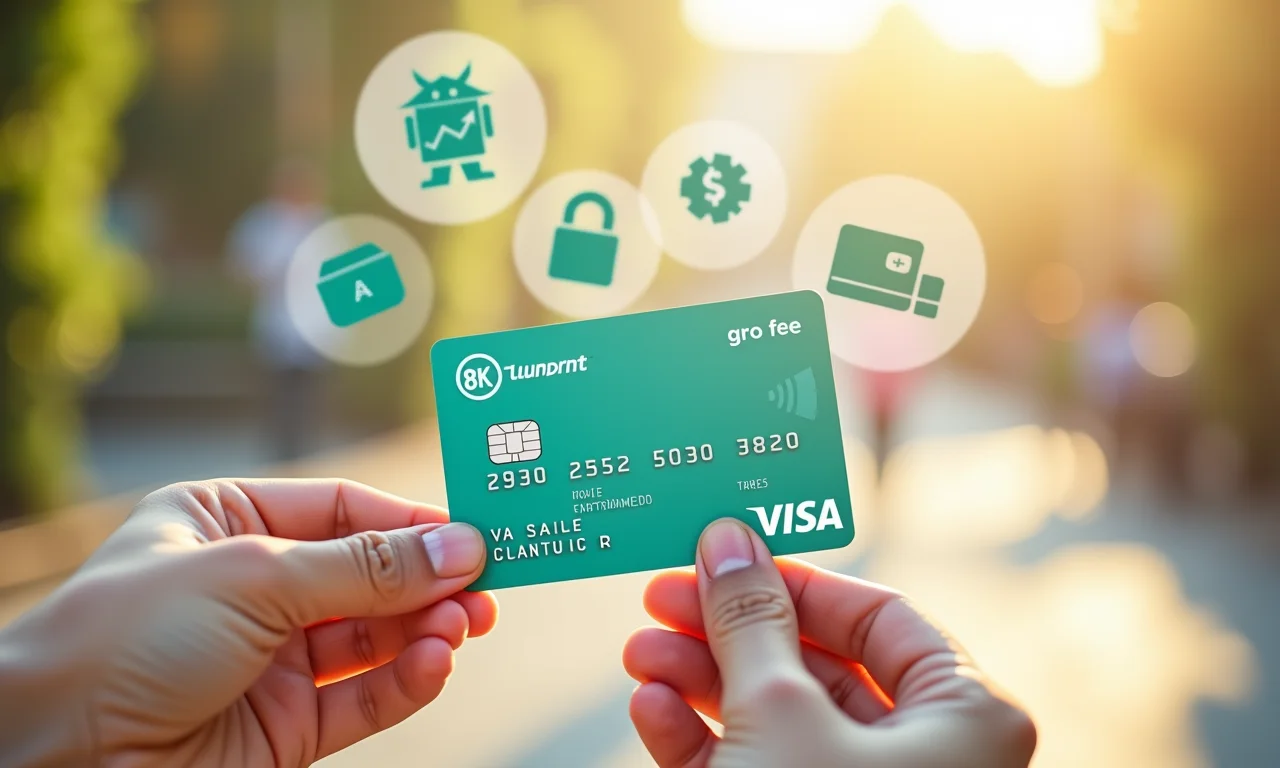 Cartão de conta salário com ícones de benefícios: depósito de salário, transações limitadas e sem tarifas.