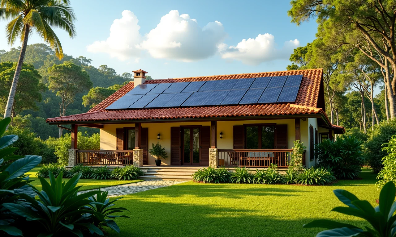 Casa sustentável brasileira com painéis solares e jardim.